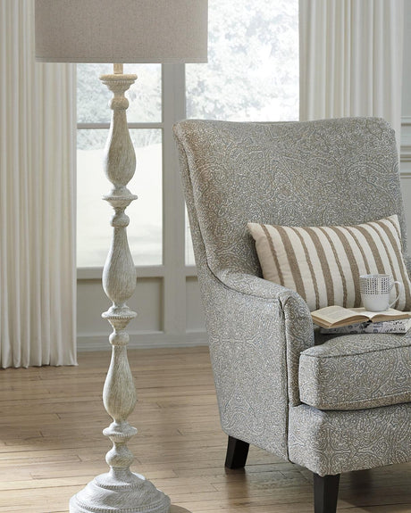 Bernadate floor lamp with whitewash resin base and fabric drum shade, front view