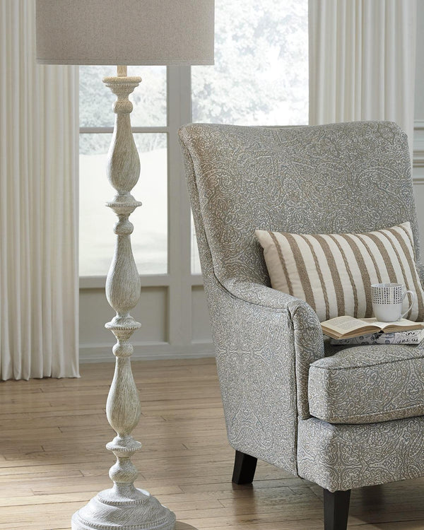 Bernadate floor lamp with whitewash resin base and fabric drum shade, front view
