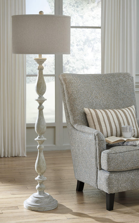 Bernadate 61 inch tall whitewash resin floor lamp in living room setting