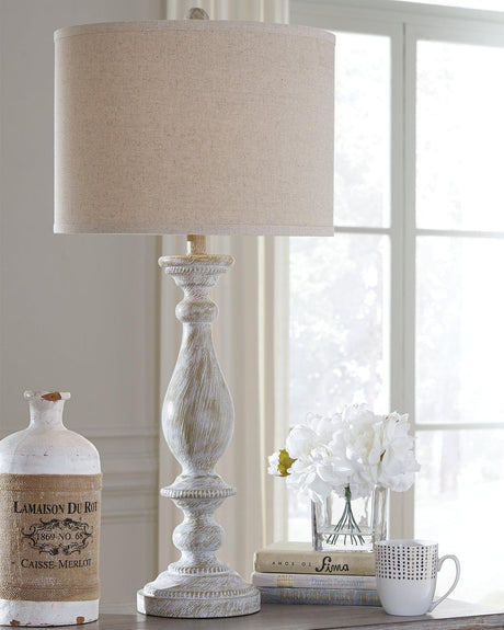 Bernadate whitewash resin table lamp set of two, angled front view