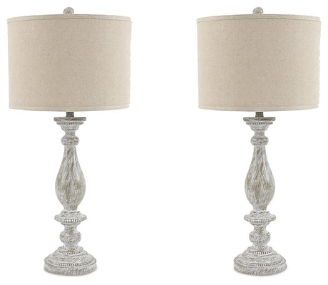 Bernadate whitewash resin table lamp with fabric drum shade, close-up of base