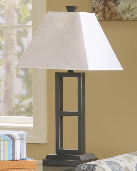 Deidra black metal table lamp with linen shade side angle