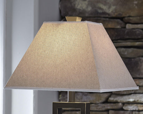 Detail of natural linen square lampshade on Deidra table lamp