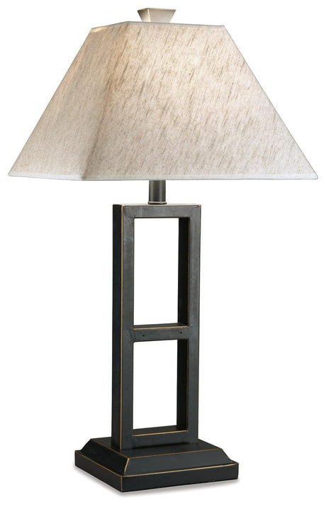 Pair of Deidra black metal table lamps with linen shades on side table