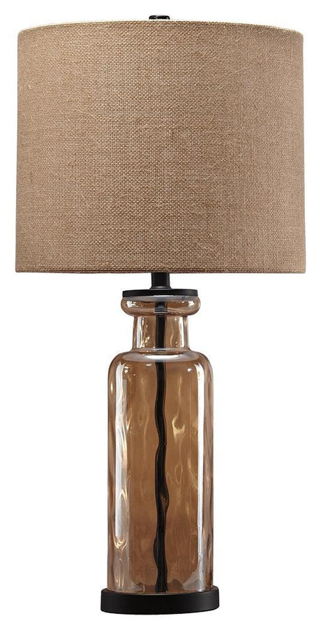 Laurentia table lamp side angle showing textured burlap shade