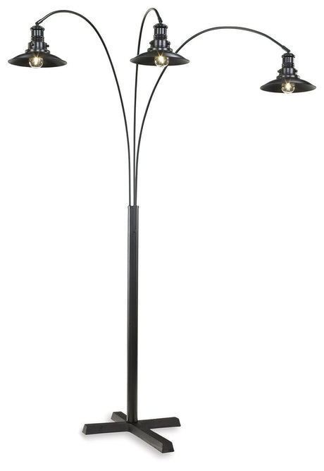 Close-up of Sheriel floor lamp adjustable arm and black matte metal shade