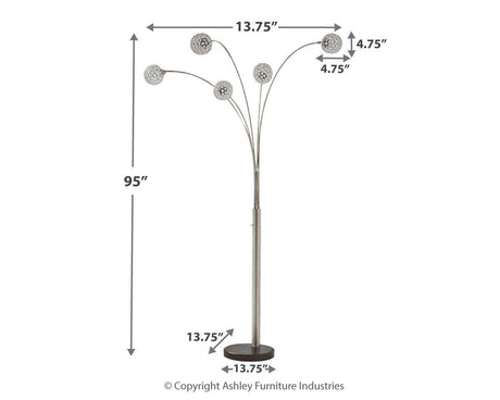 Winter Arc Floor Lamp illuminated with dimmer on, side view