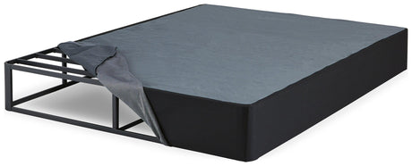 Side angle of Ashley Black Full Metal Bed Foundation showing fold-flat design