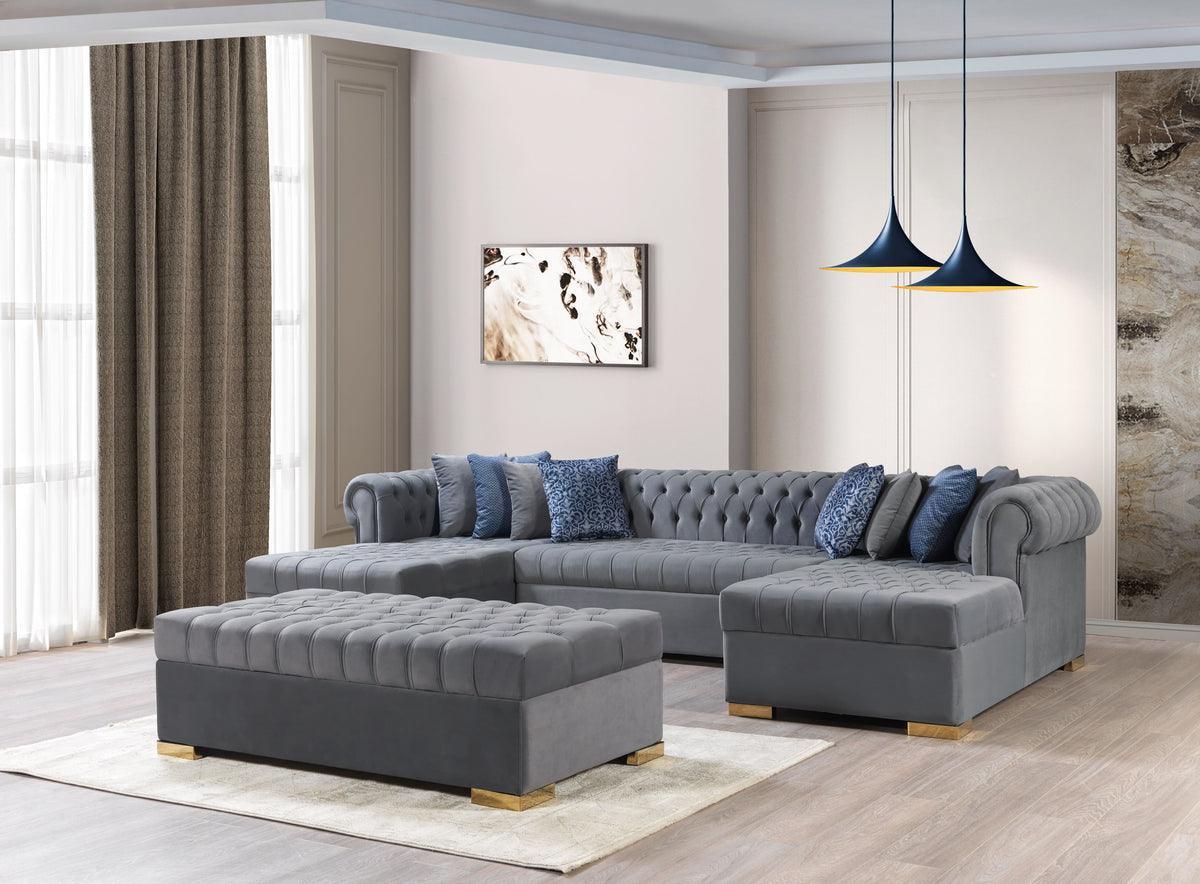 Emma Gray Velvet Rectangle Ottoman - Ella Furniture