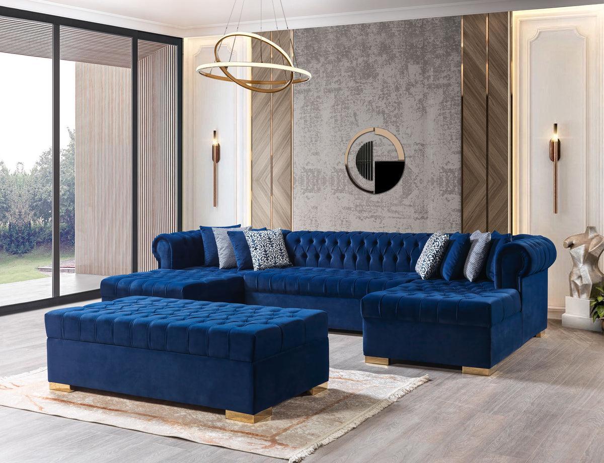 Emma Navy Velvet Rectangle Ottoman - Ella Furniture