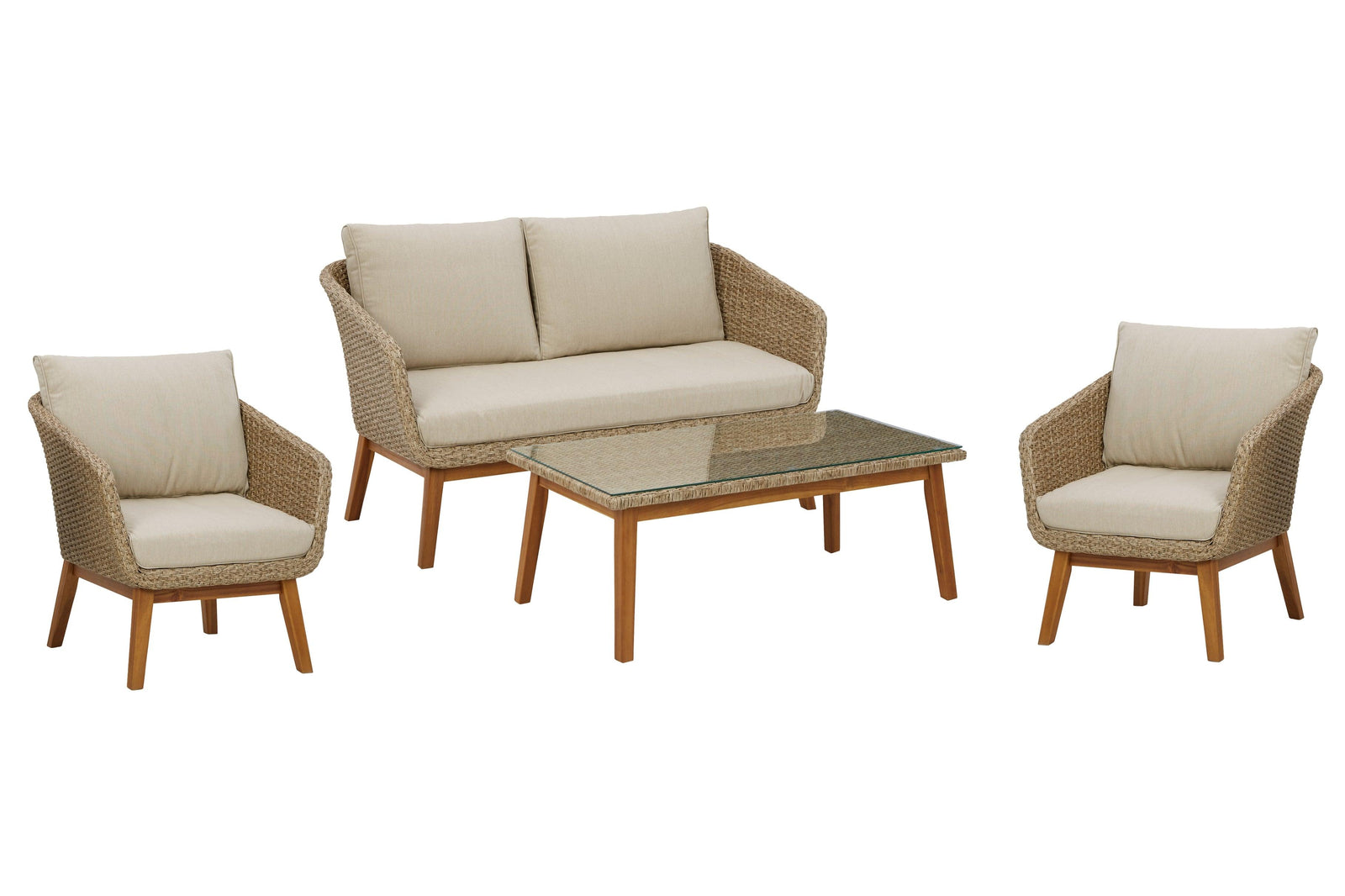 Crystal Beige Cave Outdoor Loveseat And 2 Lounge Chairs With Coffee Table - Ella Furniture