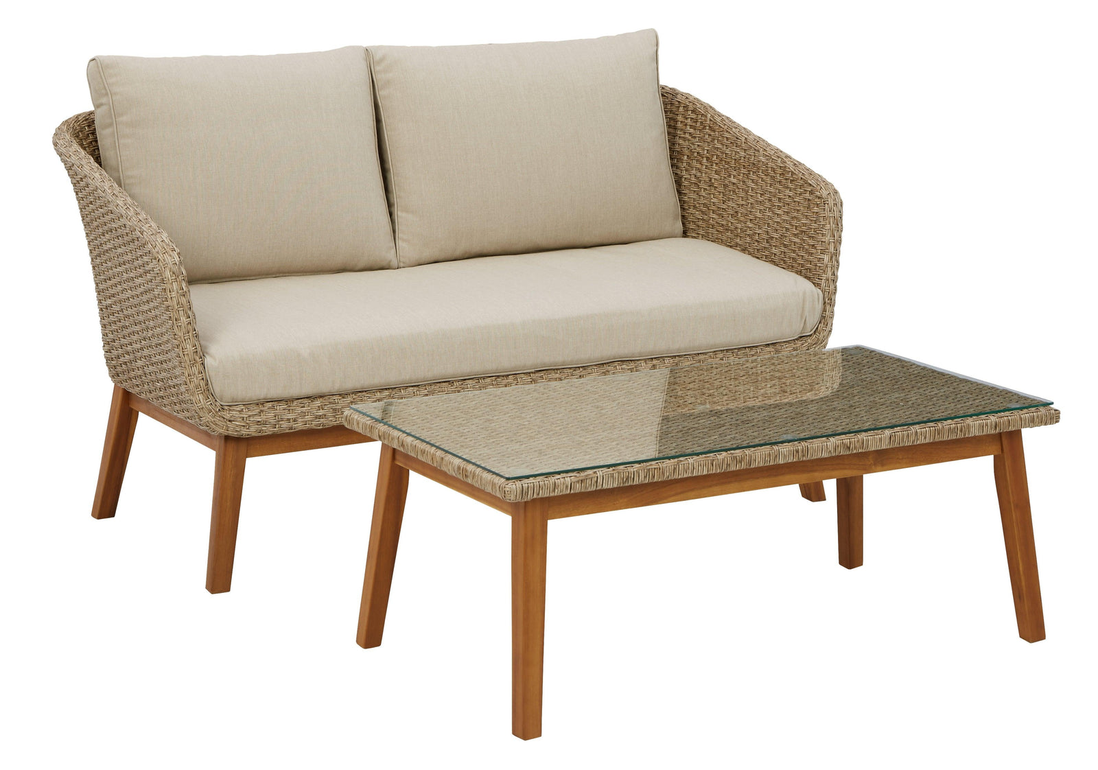 Crystal Beige Cave Outdoor Loveseat And 2 Lounge Chairs With Coffee Table - Ella Furniture