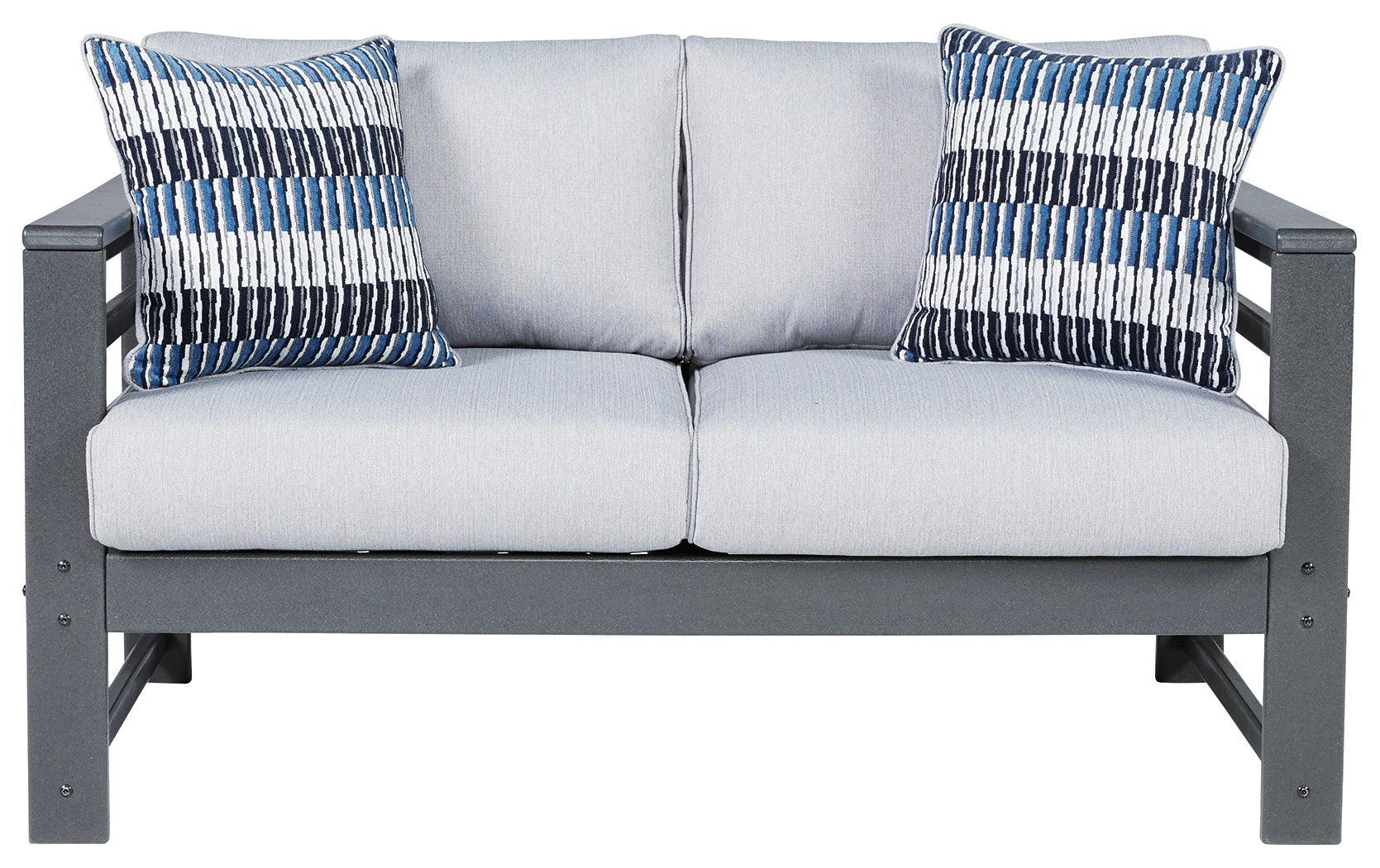 Amora Charcoal Gray Outdoor Loveseat With Cushion - Ella Furniture