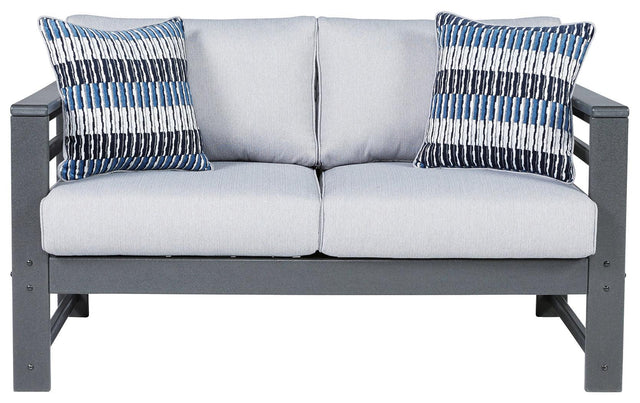 Amora Charcoal Gray Outdoor Loveseat With Cushion - Ella Furniture