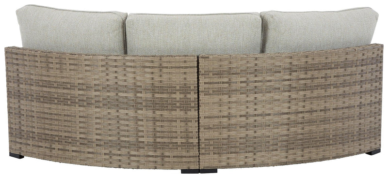 Calworth Beige Outdoor Curved Loveseat With Cushion