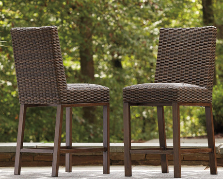 Close-up of woven resin wicker seat on Paradise Trail Bar Stool