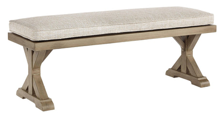 Driftwood finish aluminum frame with farmhouse X-leg design, Beachcroft bench