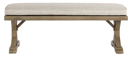 Beachcroft bench with beige cushion, head-on view showing detail