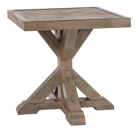 Beachcroft Beige Outdoor End Table side view showing aluminum X-leg base