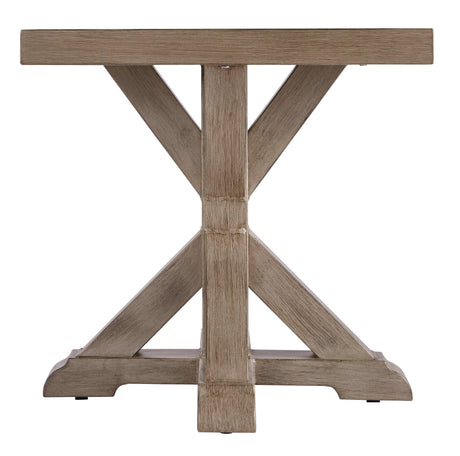 Close-up of Beachcroft Beige Outdoor End Table porcelain surface and aluminum base