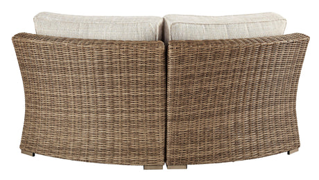 Beachcroft Beige Curved Outdoor Corner Chair back view showing frame and wicker