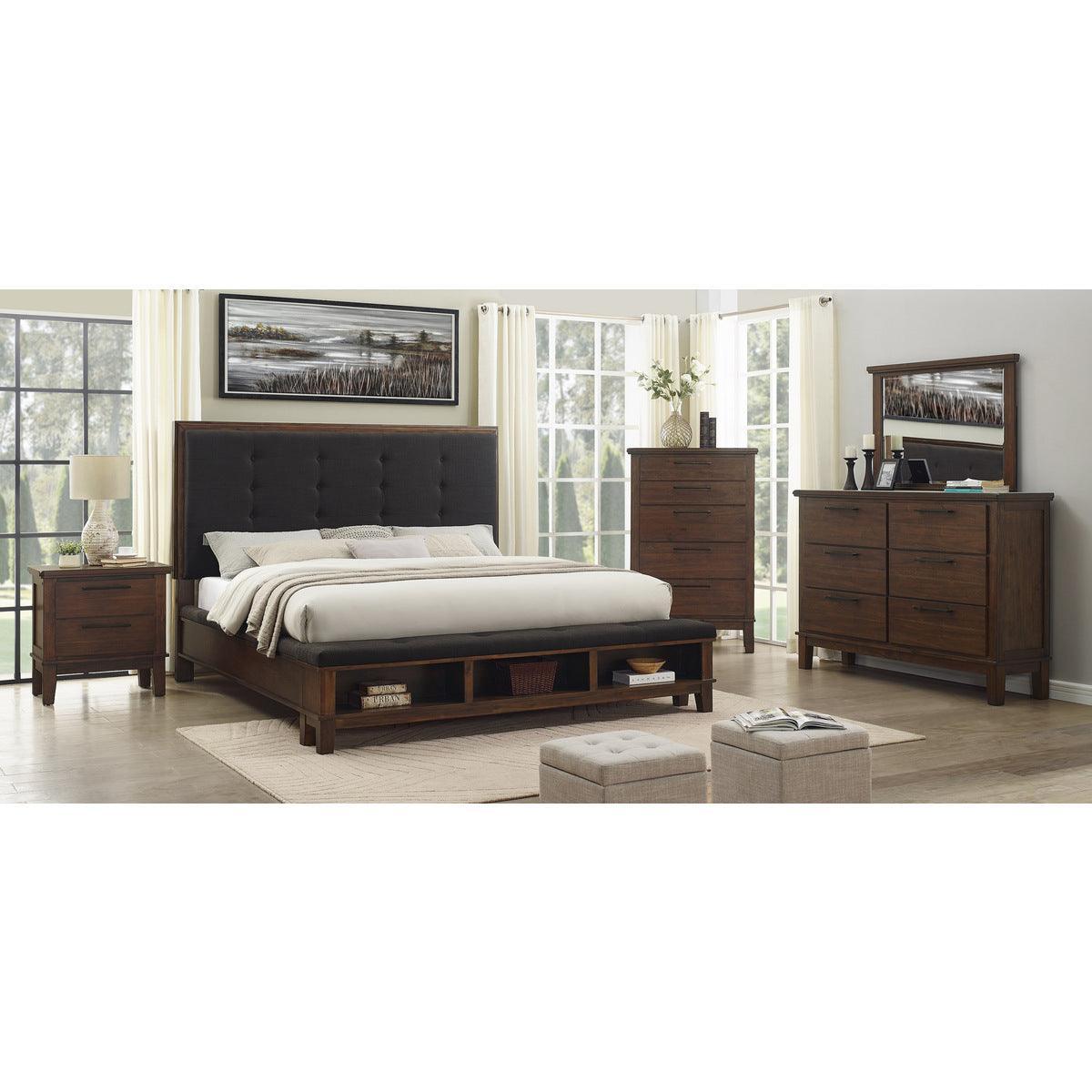 Brown Eastern Modern Traditional Upholstered Tufted Queen Panel Bedroom Set (1Qb,1ns,1dr,1mr) - Ella Furniture