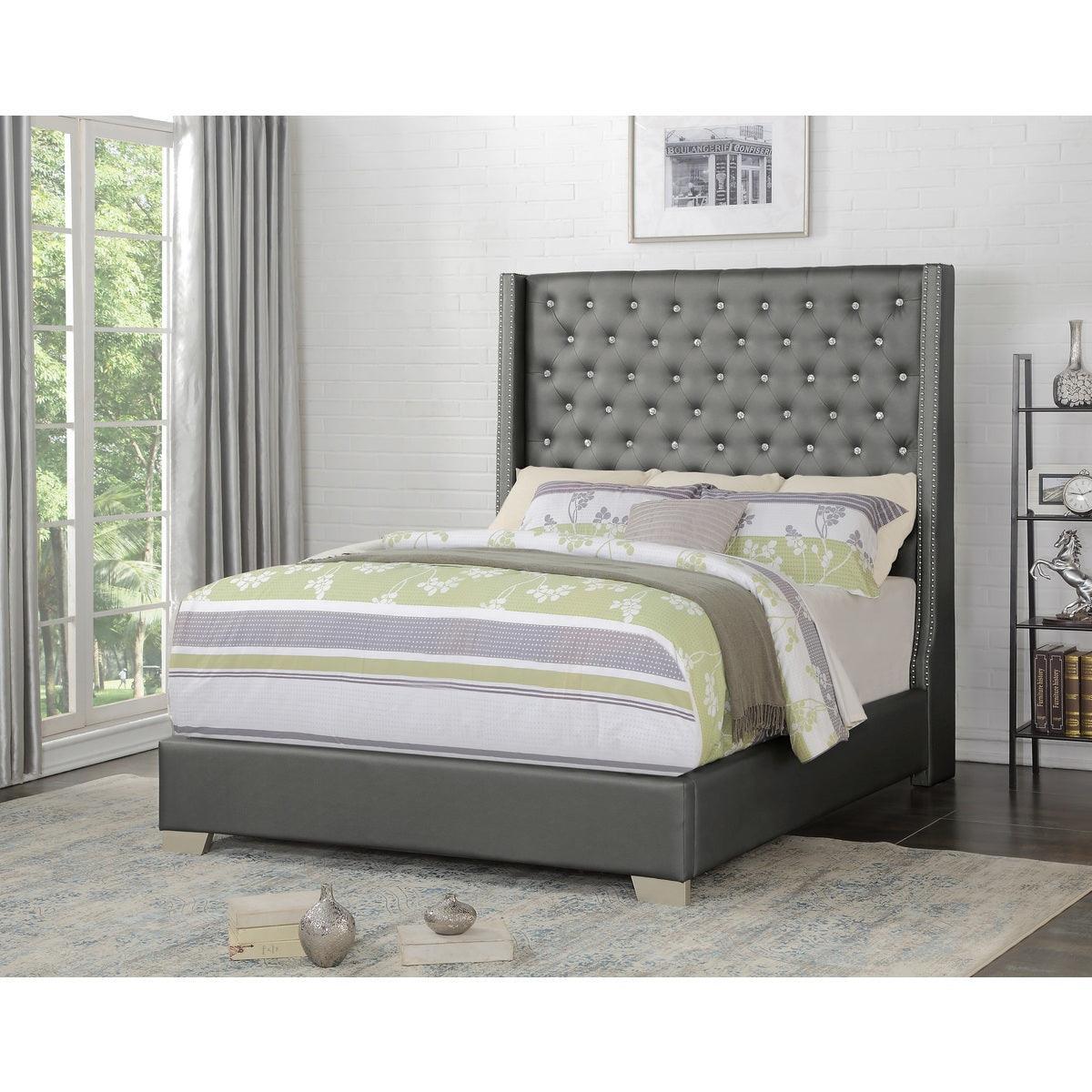 Jacklyn Silver Modern Contemporary Solid Wood Faux Leather Upholstered Tufted Queen Panel Bed - Ella Furniture