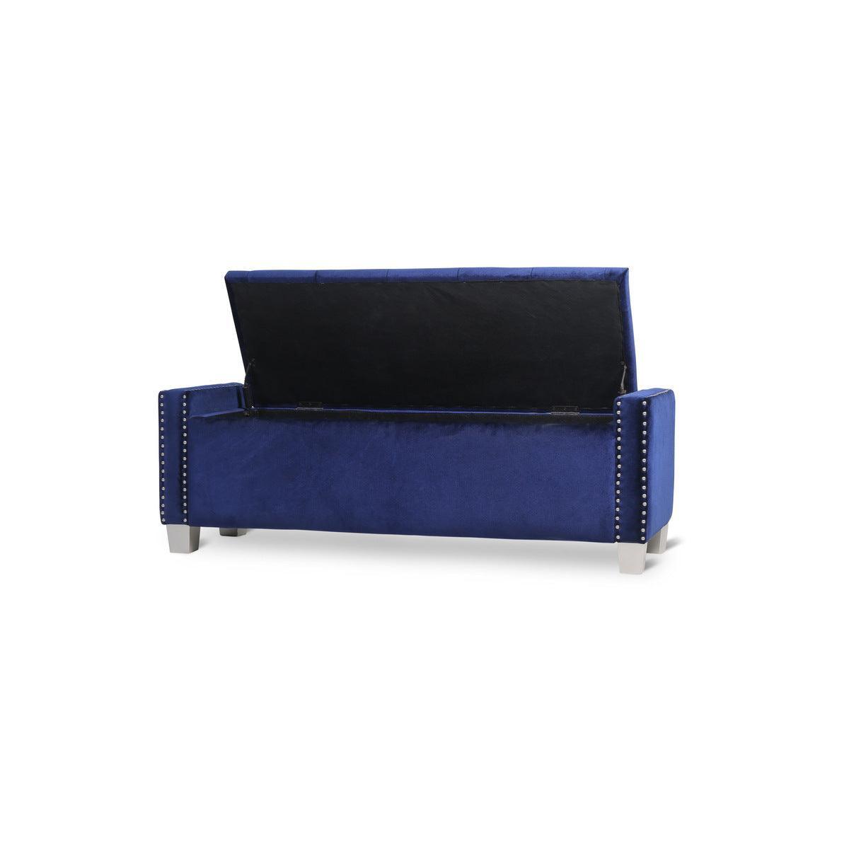 Storage Bench With Blue Velvet Upholstery Tufted Solid Wood And Plywood - Ella Furniture
