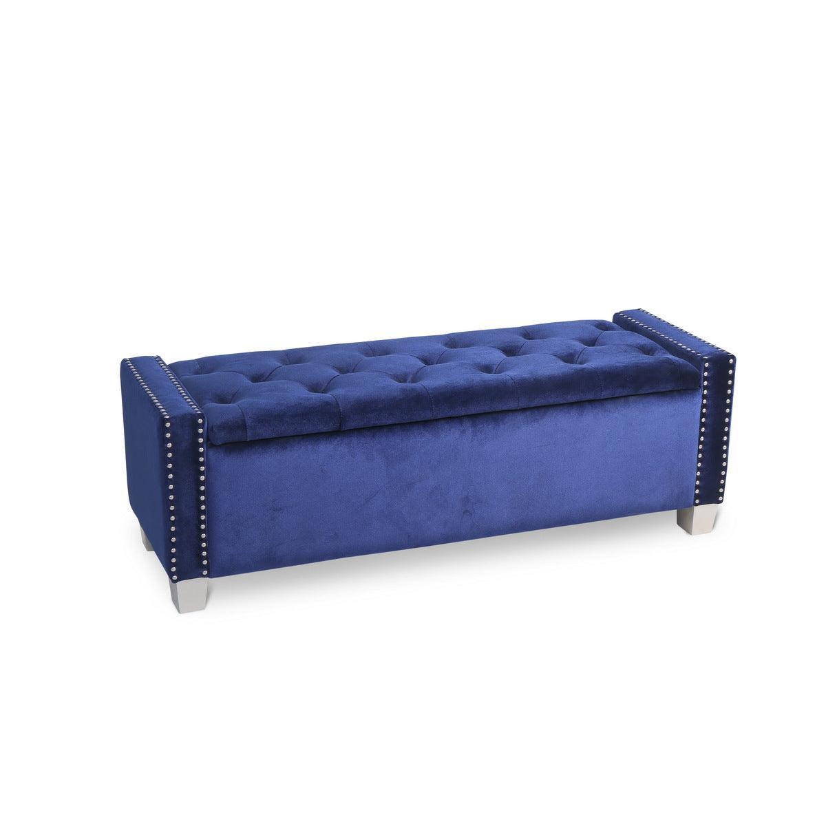 Storage Bench With Blue Velvet Upholstery Tufted Solid Wood And Plywood - Ella Furniture