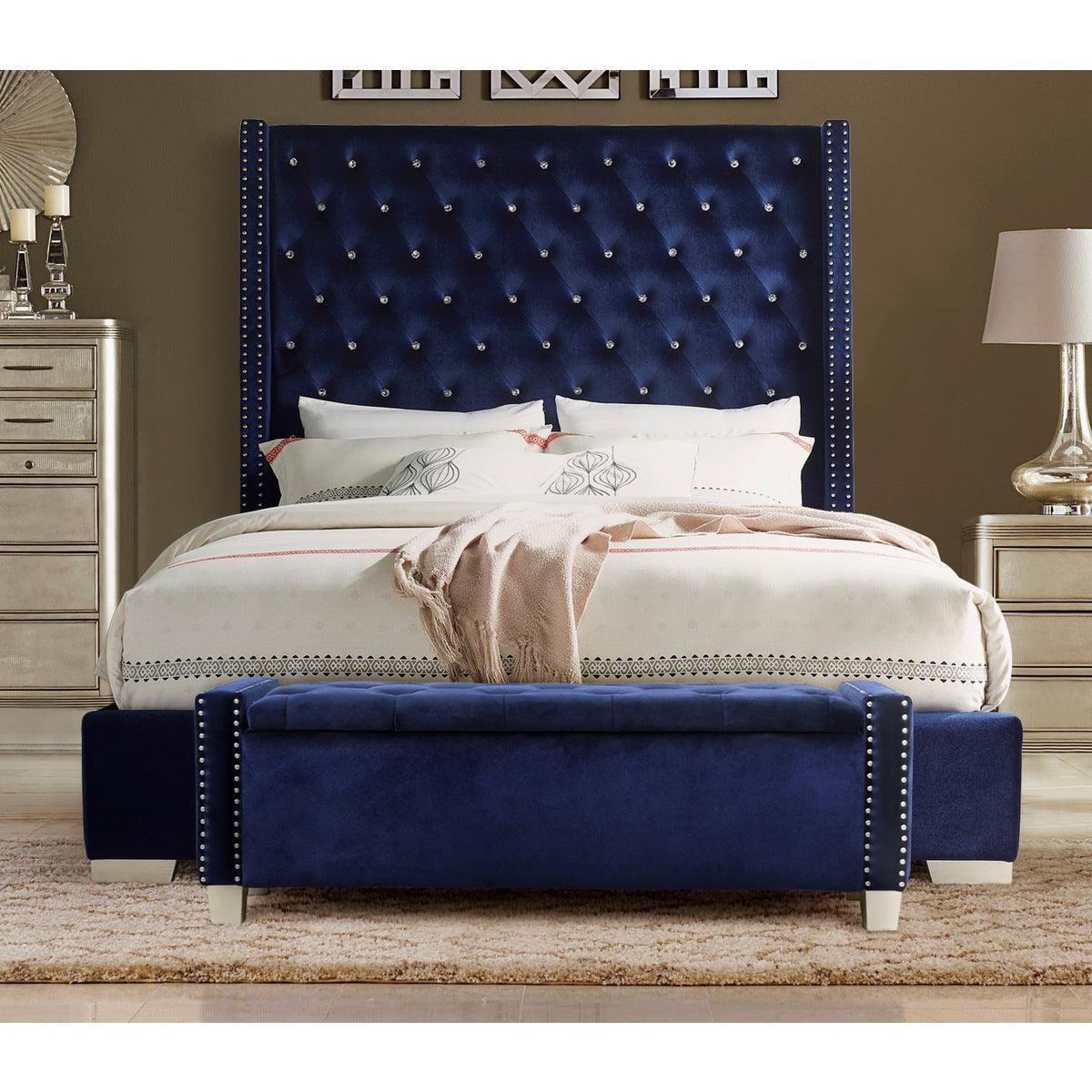 Storage Bench With Blue Velvet Upholstery Tufted Solid Wood And Plywood - Ella Furniture