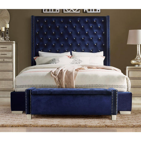 Storage Bench With Blue Velvet Upholstery Tufted Solid Wood And Plywood - Ella Furniture