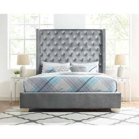 Jacklyn Gray Modern Contemporary Solid Wood Faux Leather Upholstered Tufted Queen Panel Bed - Ella Furniture