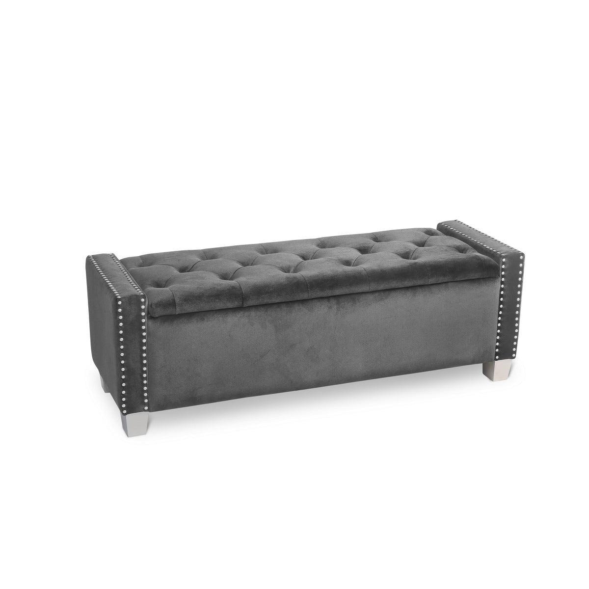 Storage Bench With Grey Velvet Upholstered Tufted Solid Wood And Plywood - Ella Furniture