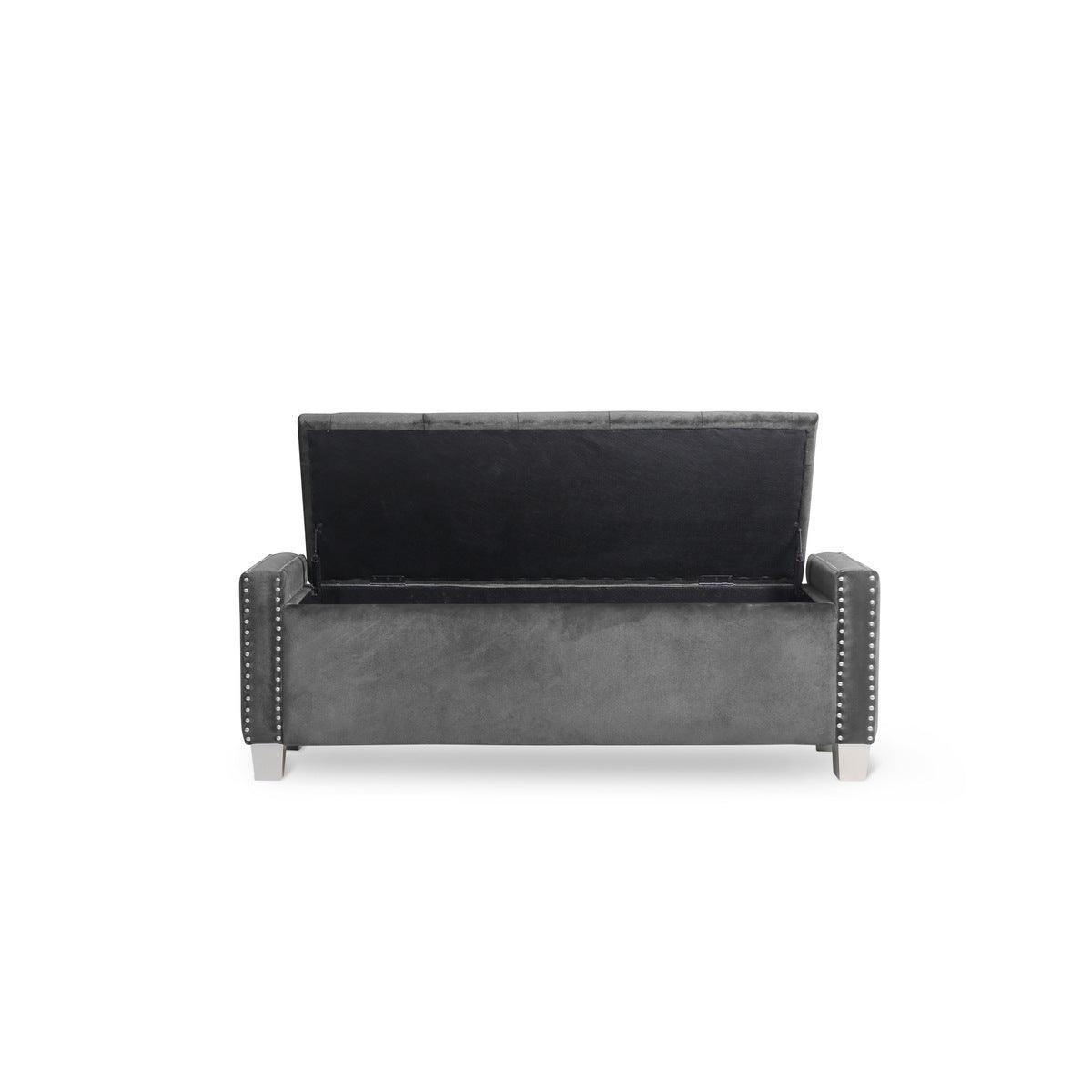Storage Bench With Grey Velvet Upholstered Tufted Solid Wood And Plywood - Ella Furniture