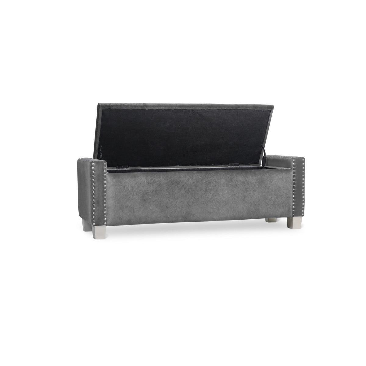 Storage Bench With Grey Velvet Upholstered Tufted Solid Wood And Plywood - Ella Furniture