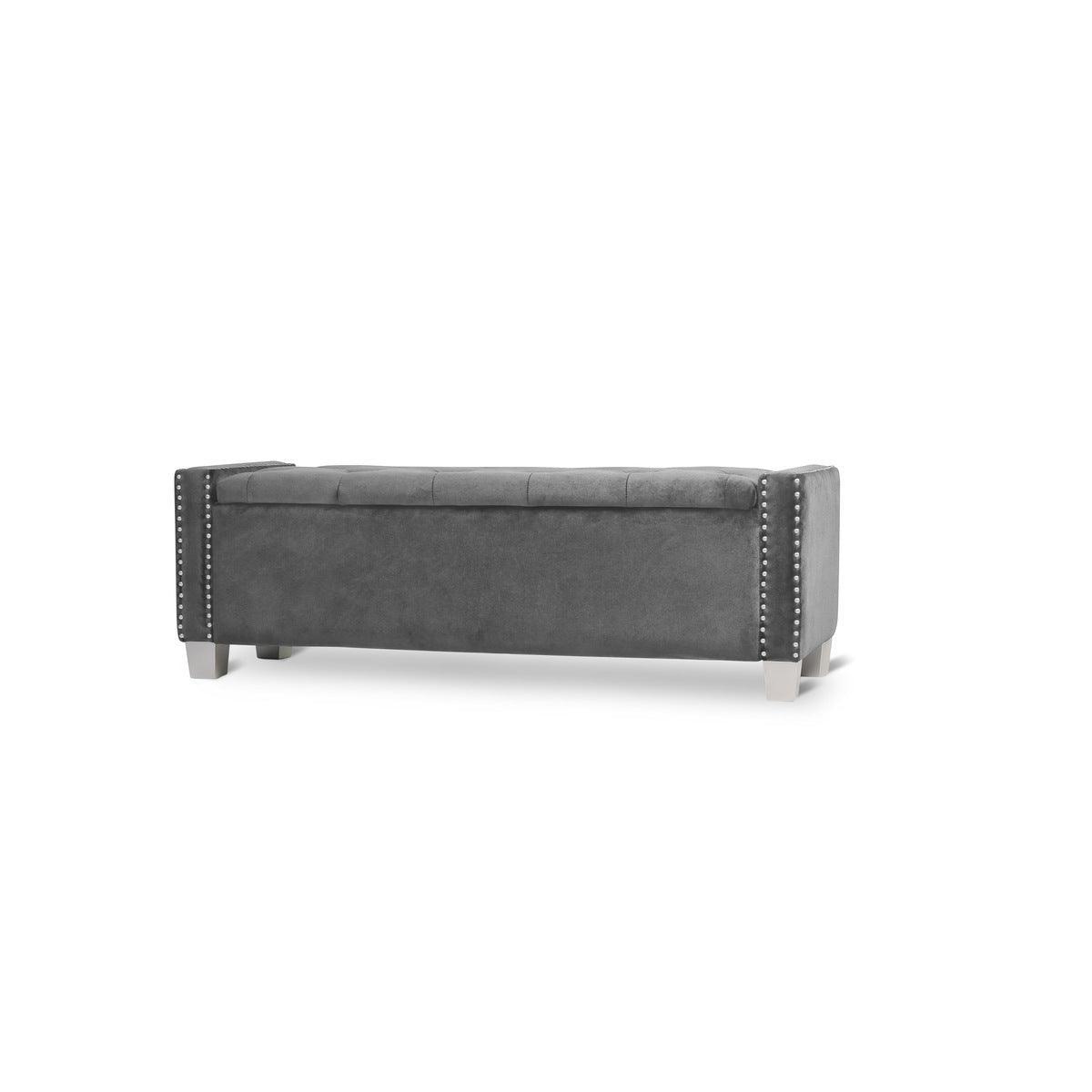 Storage Bench With Grey Velvet Upholstered Tufted Solid Wood And Plywood - Ella Furniture
