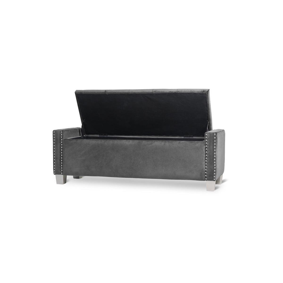 Storage Bench With Grey Velvet Upholstered Tufted Solid Wood And Plywood - Ella Furniture