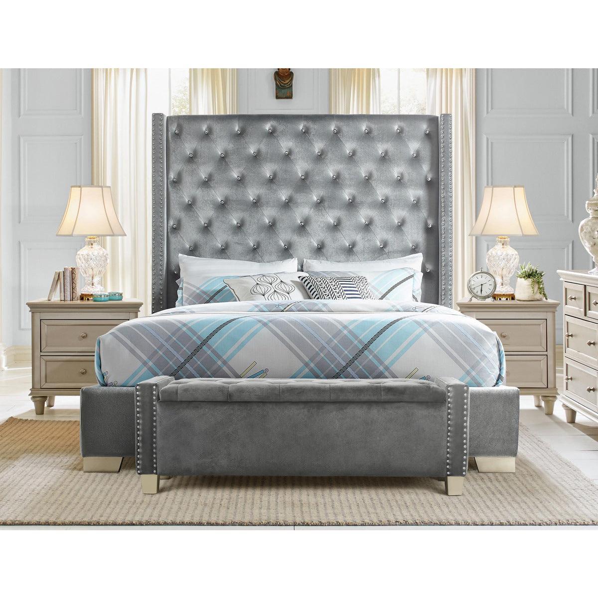 Storage Bench With Grey Velvet Upholstered Tufted Solid Wood And Plywood - Ella Furniture