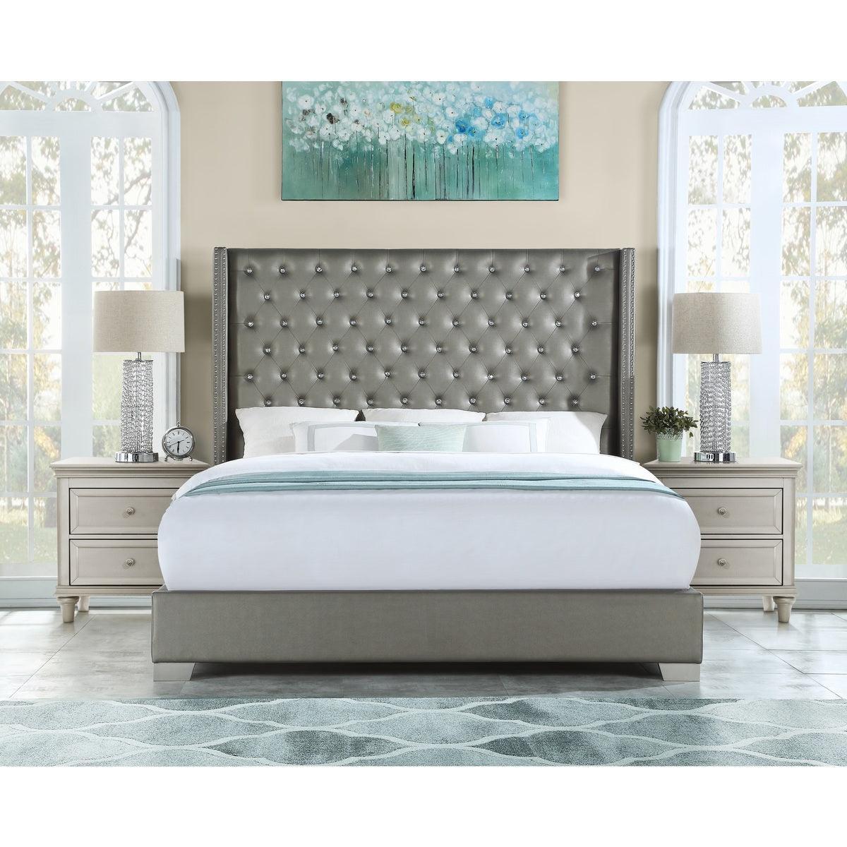 Jacklyn Silver Modern Contemporary Solid Wood Faux Leather Upholstered Tufted King Panel Bed - Ella Furniture