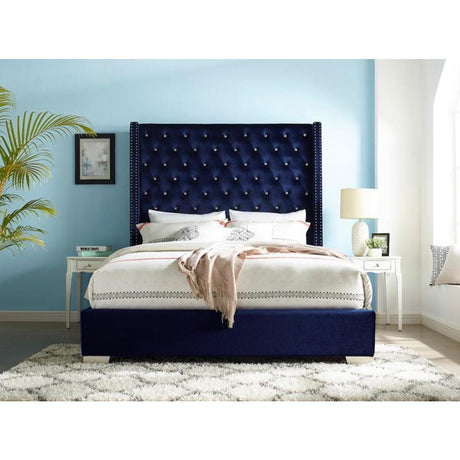 Jacklyn Blue Modern Contemporary Solid Wood Faux Leather Upholstered Tufted King Panel Bed - Ella Furniture