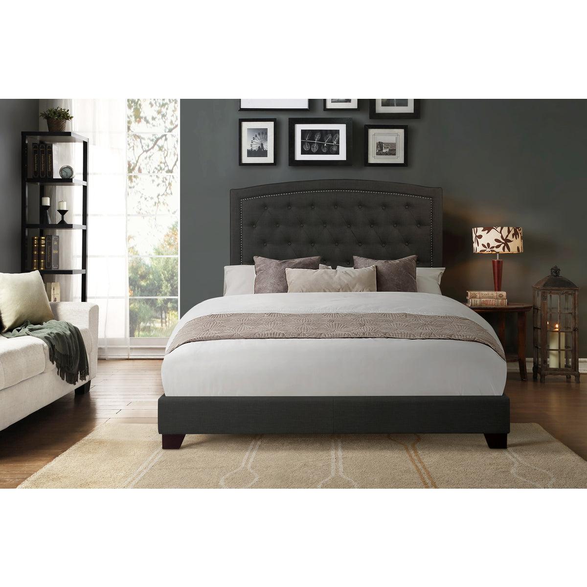 Linda Dark Gray Modern Sleek Solid And Engineered Wood Fabric Queen Upholstered Tufted Bed - Ella Furniture