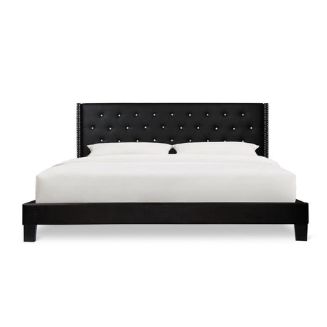 Ivy Black Modern Contemporary Solid Wood Velvet Faux Leather Tufted King Platform Bed - Ella Furniture