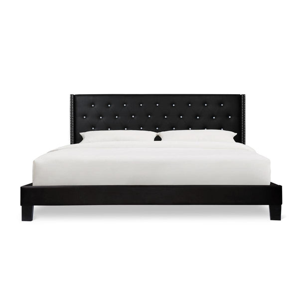 Ivy Black Modern Contemporary Solid Wood Velvet Faux Leather Tufted King Platform Bed - Ella Furniture