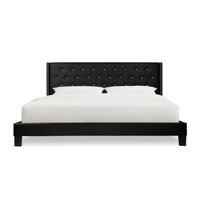 Ivy Black Modern Contemporary Solid Wood Velvet Faux Leather Tufted King Platform Bed - Ella Furniture