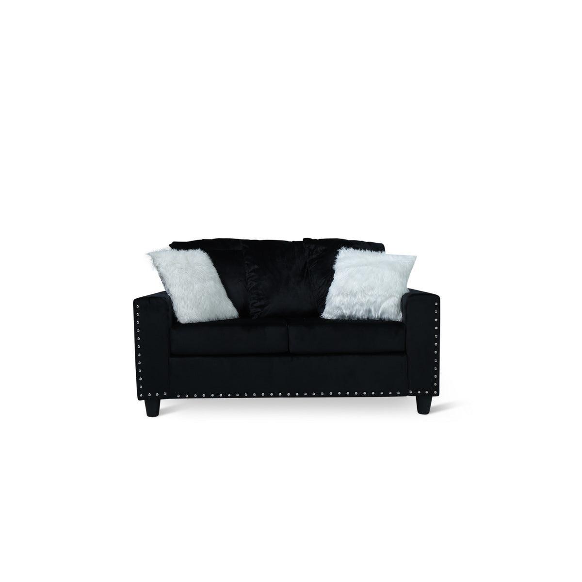 Black Modern Traditional Solid Wood And Plywood Velvet Loveseat With 2 Pillows - Ella Furniture