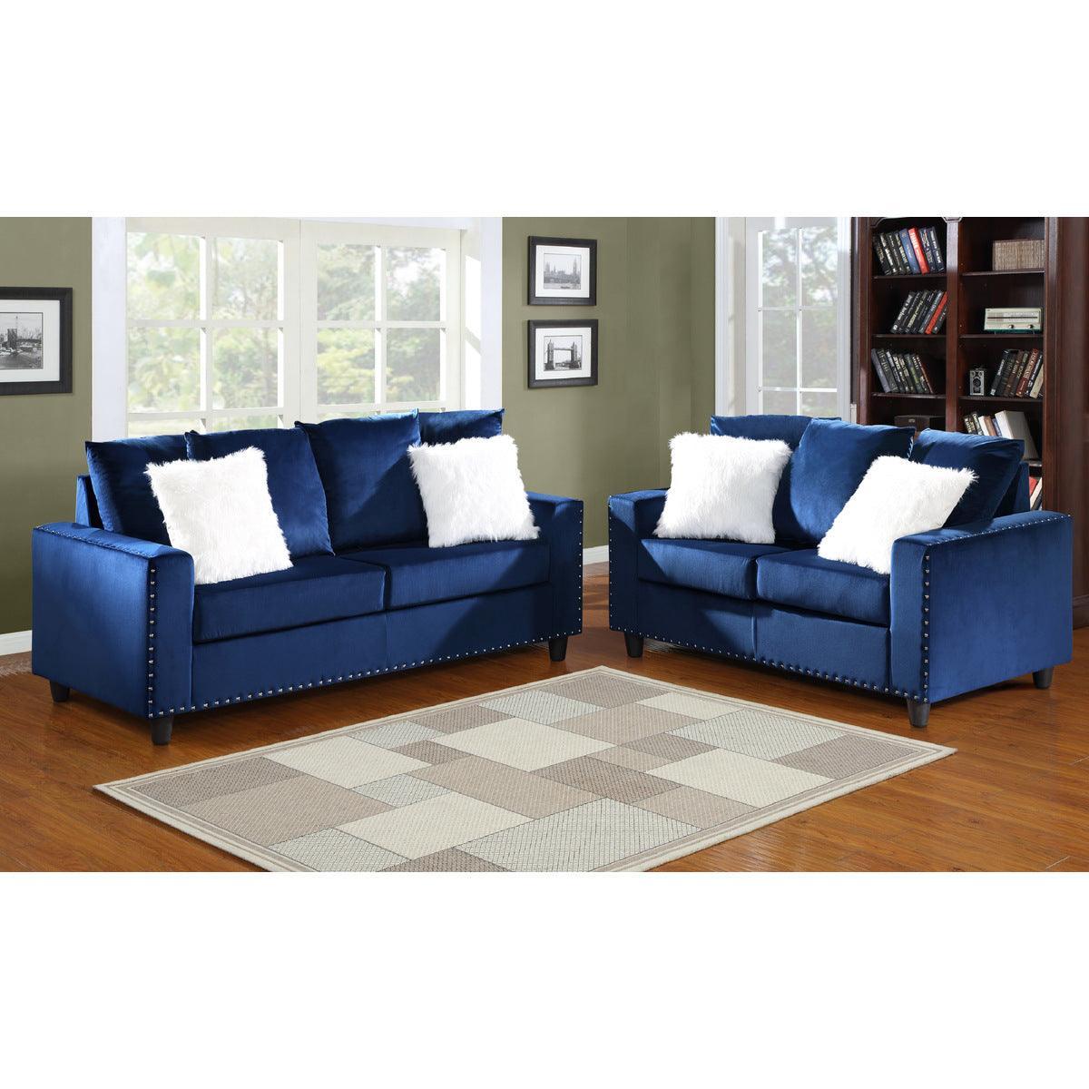 Blue Modern Traditional Solid Wood And Plywood Velvet Upholstery Loveseat With 2 Pillows - Ella Furniture
