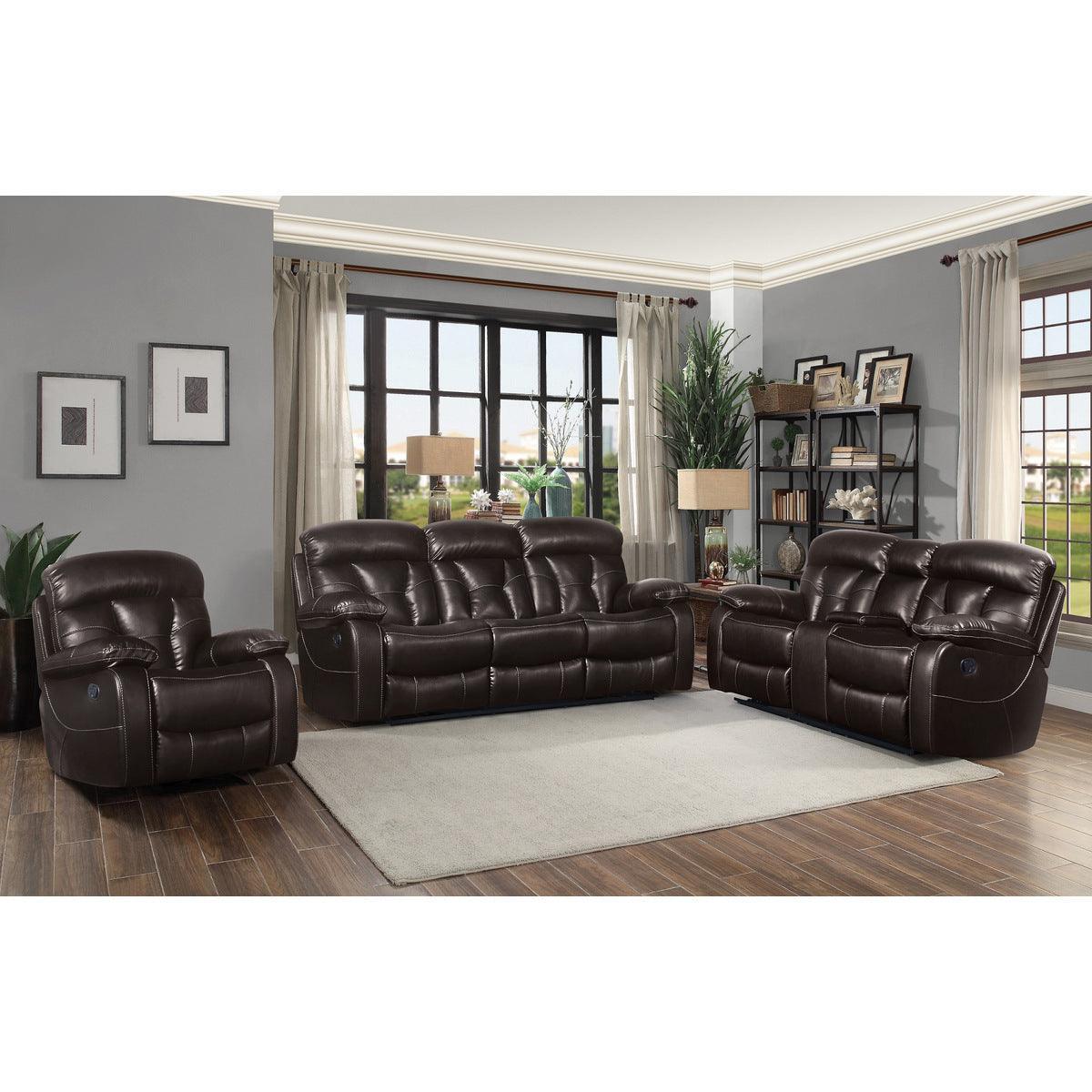 Claire Brown Solid Wood And Plywood Faux Leather Double Reclining Love Seat With Center Console - Ella Furniture