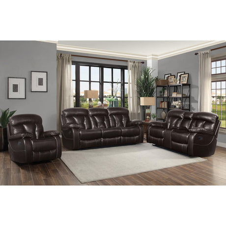 Claire Brown Solid Wood, Plywood Faux Leather Upholstery Power Reclining Sofa, Loveseat And Chair - Ella Furniture