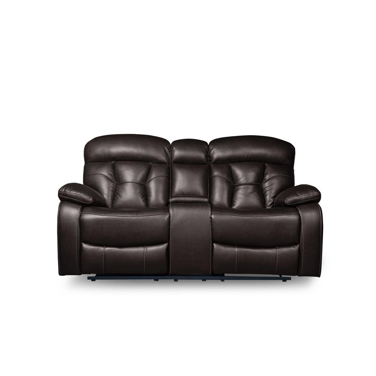Claire Brown Solid Wood And Plywood Faux Leather Double Reclining Love Seat With Center Console - Ella Furniture