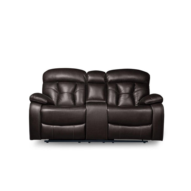 Claire Brown Solid Wood And Plywood Faux Leather Double Reclining Love Seat With Center Console - Ella Furniture